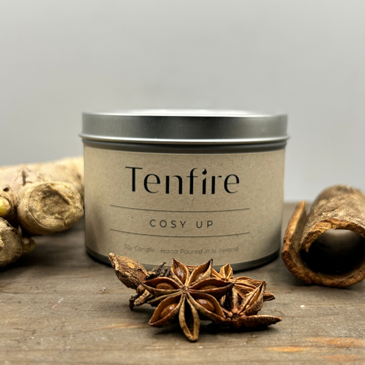 soy wax candle tin called cosy up with ginger, star anise and cinammon pieces around